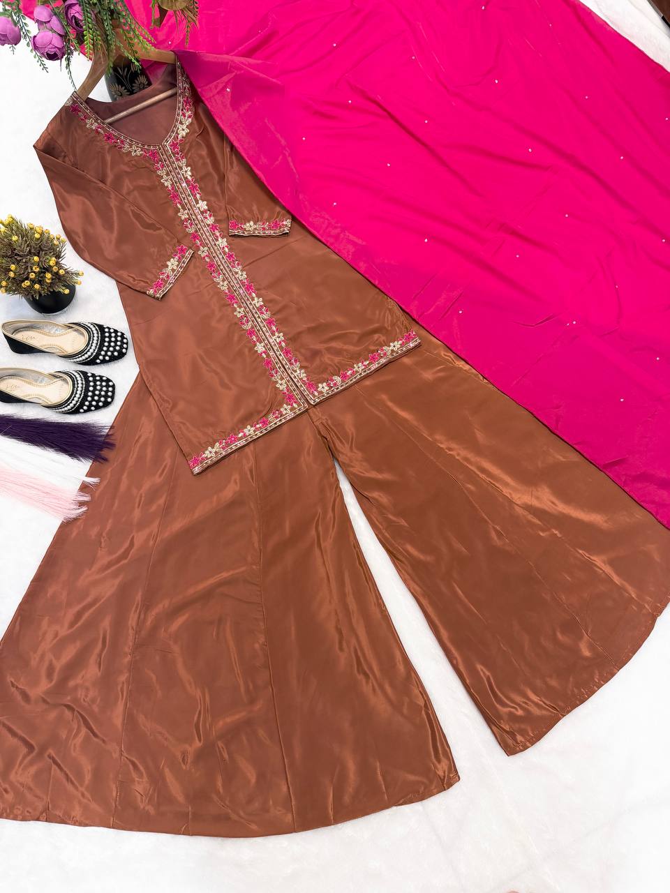 Luxe Brown Zari-Embroidered Flared Set